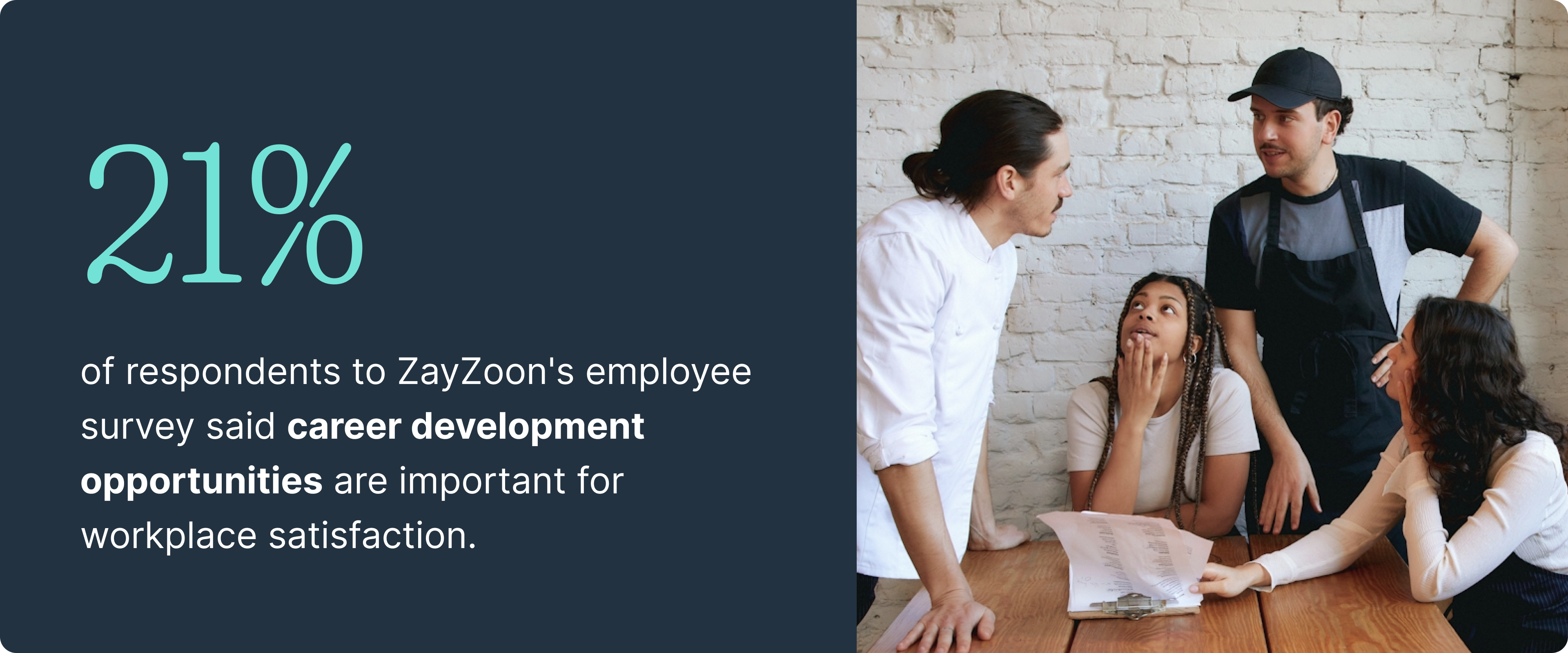 Statistic reads that 21 percent of respondents to ZayZoon's employee survey said career development opportunities are important for workplace satisfaction.