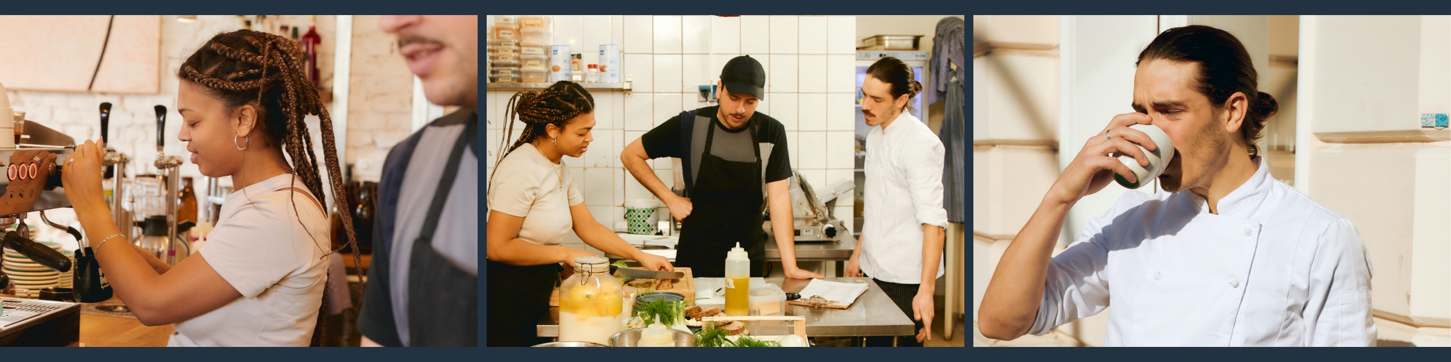 Three panels with each image featuring employees at a restaurant