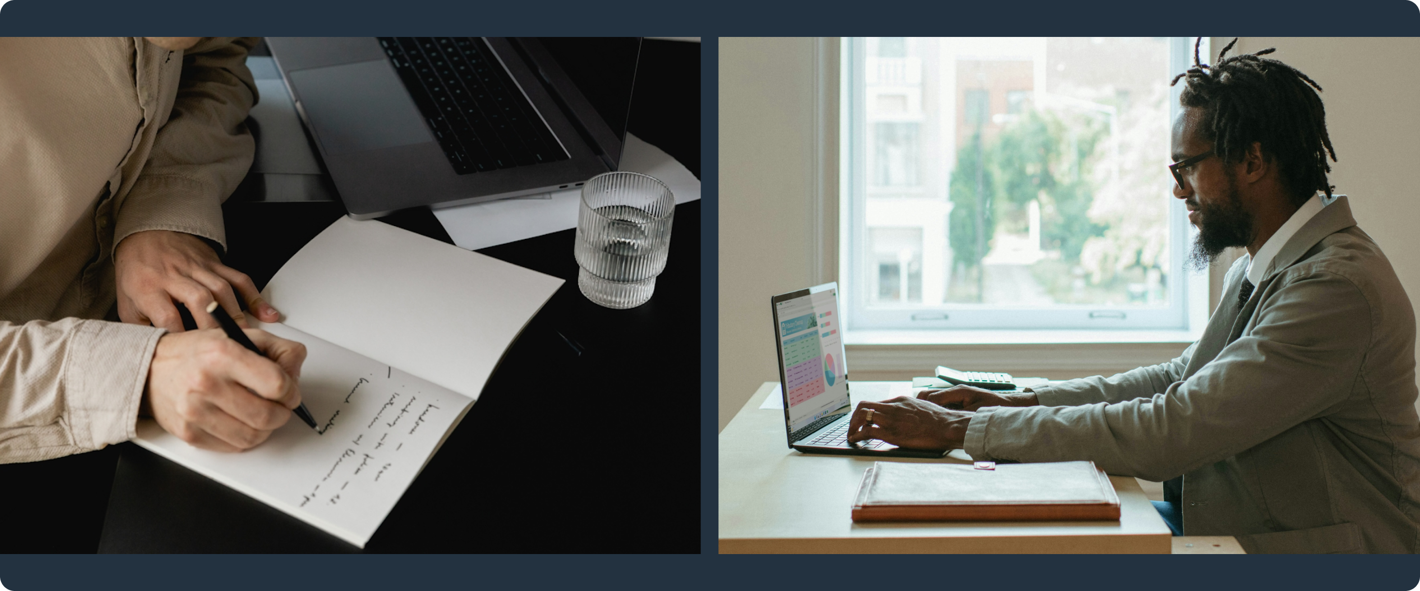 Two-panel image. Left panel shows person writing in journal. Right image shows man working on laptop.