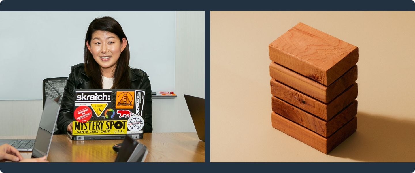 Two column image of woman on laptop and stack of wooden blocks.