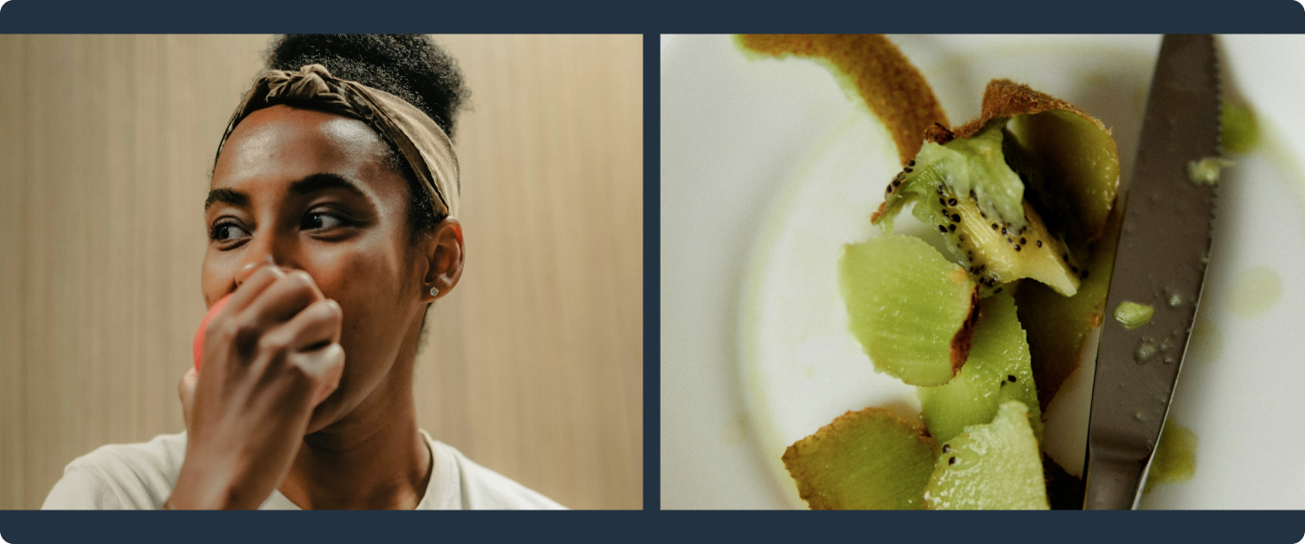 Two column image showing woman eating an apple and cut up piece of kiwi in a plate.