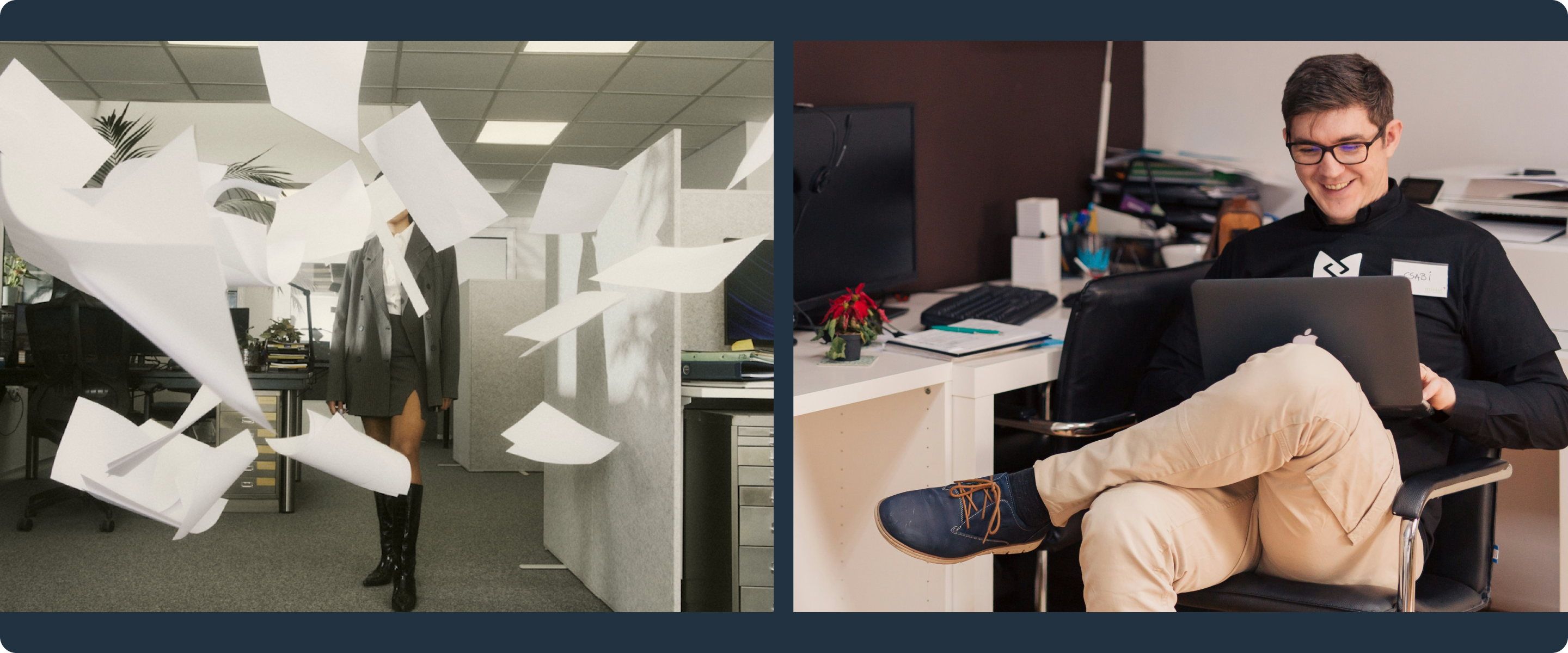 Two-panel image. Left panel shows person throwing papers in the air. Right panel shows man sitting at desk with laptop.