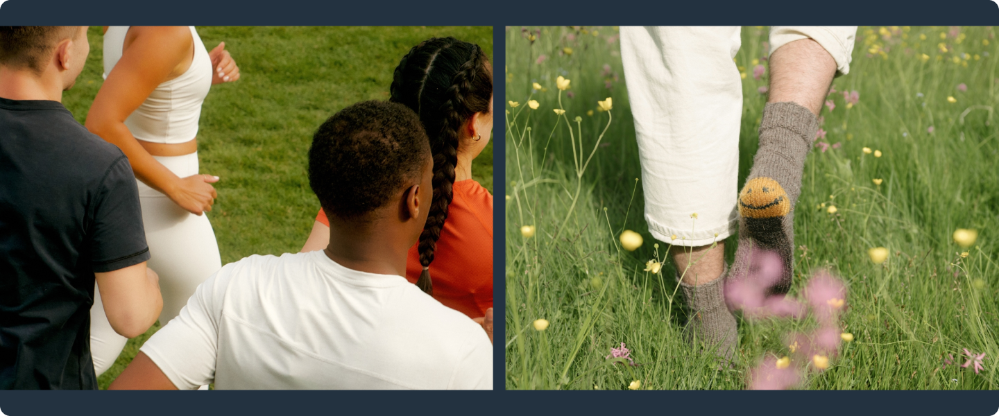 Two column image showing group running and person running in grass with a smiley face on the back of one sock.