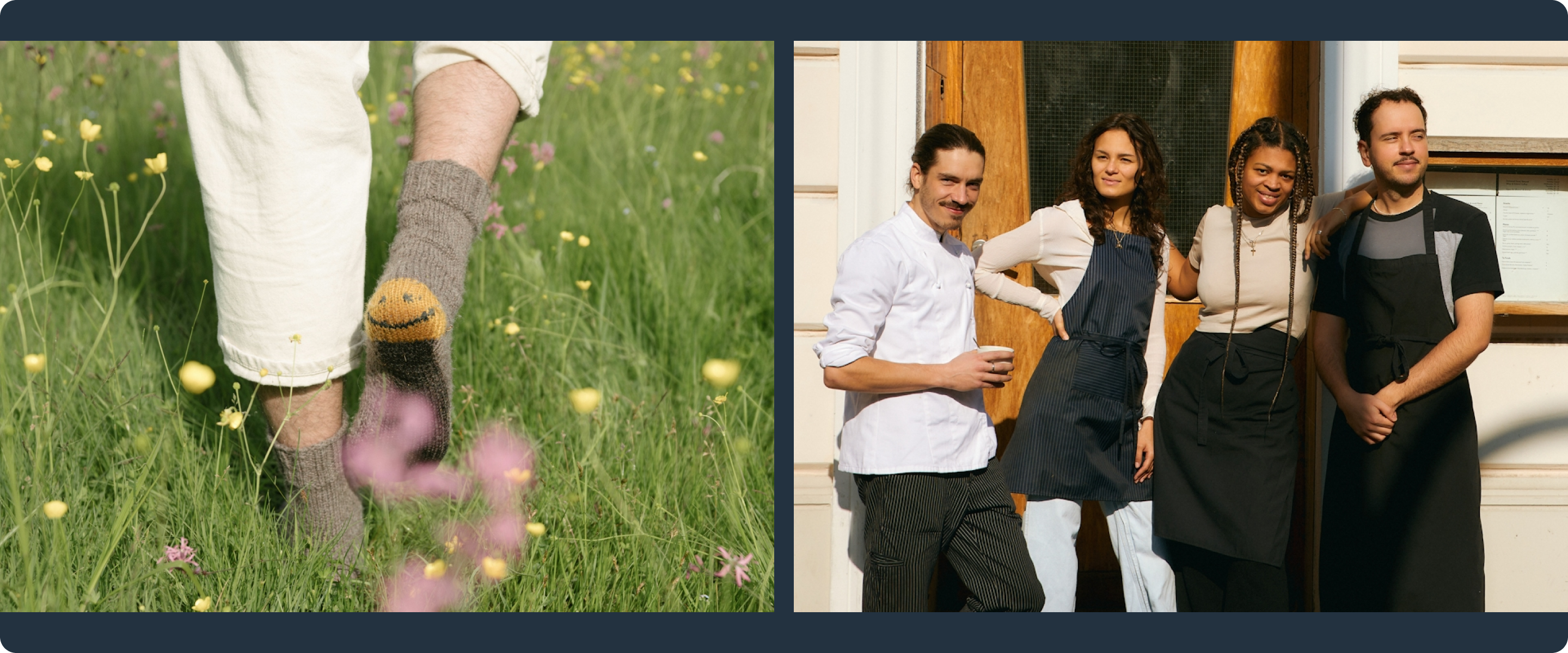 Two paneled image. First image is of someone walking through a field. Second image is of group of people standing together, looking at the camera.