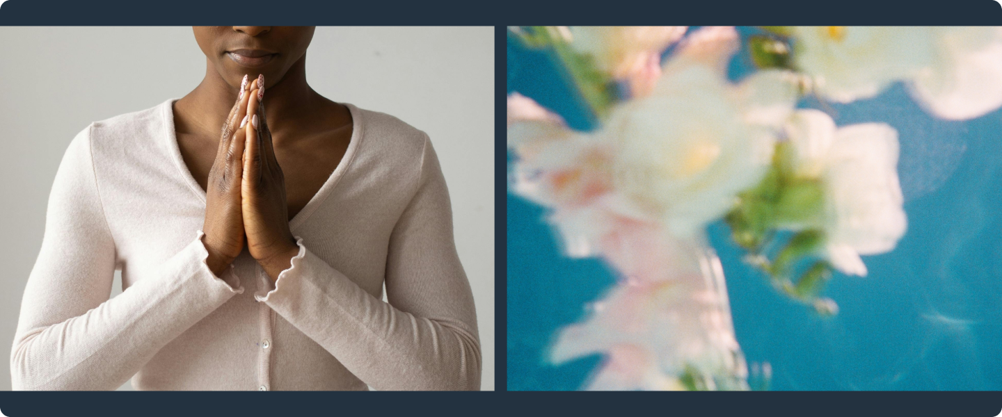 Two column image showing woman meditating and the reflection of blossoms on water.