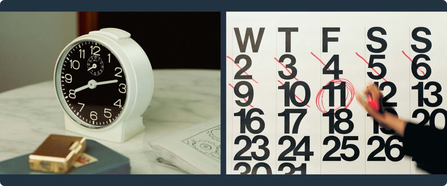 Two column image of clock and calendar.