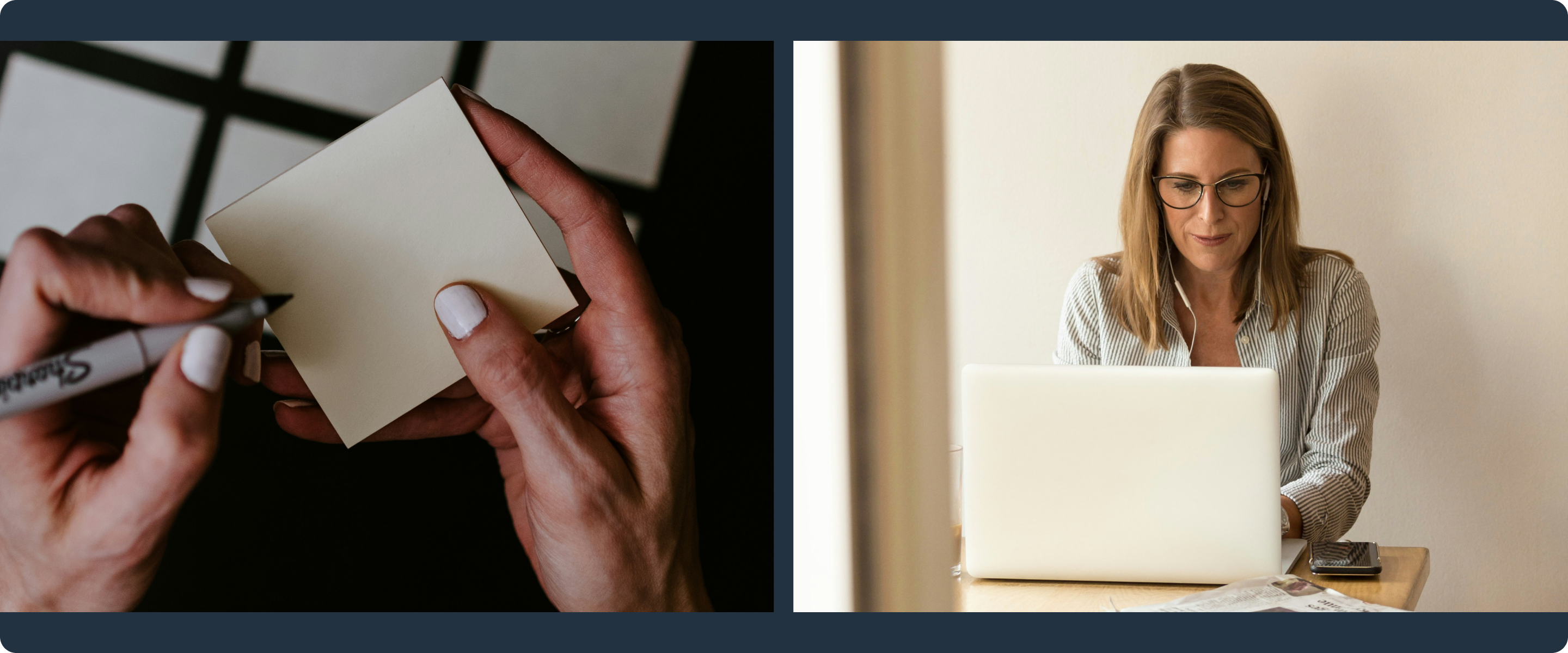 Left panel is woman writing with Sharpie on note and right panel is woman on laptop