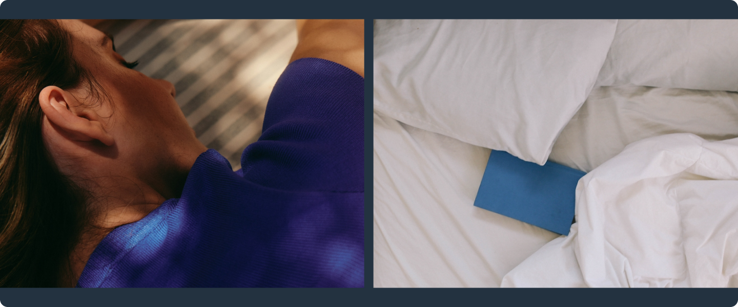 Two column image showing woman sleeping on side and a book in an unmade bed.