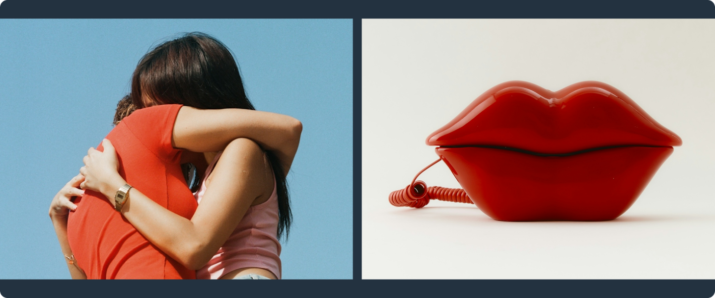 Two column image of people embracing and lip-shaped red phone.