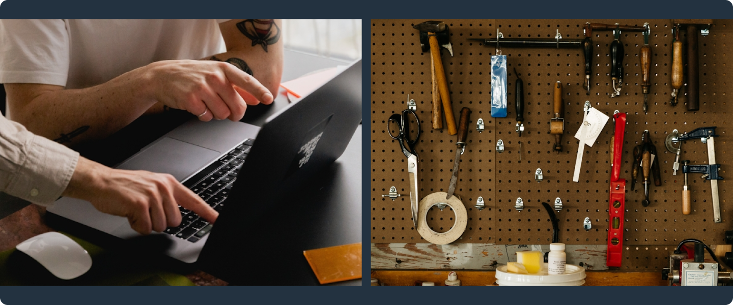 Two column image of people pointing at laptop screen and tools hanging from wall.