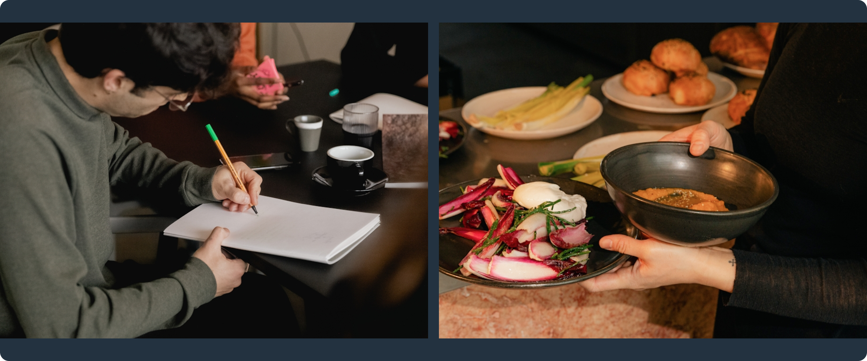 A two panel image. Left panel shows someone taking notes. Right image shows someone picking up a plate of food. 