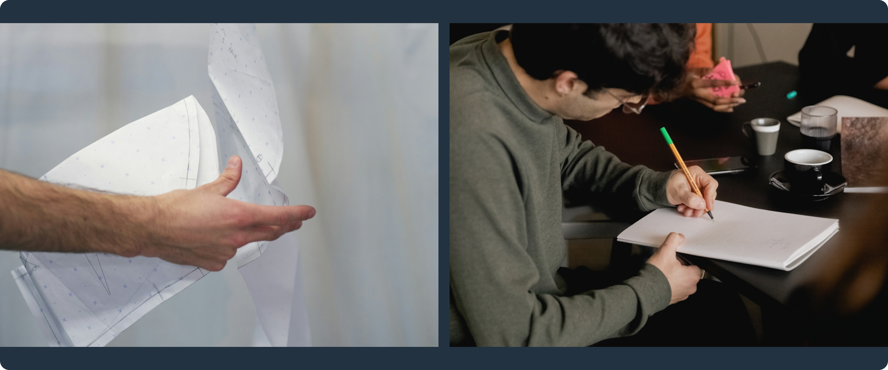 Two paneled image. First panel shows someone flipping through papers. Second image shows someone writing in a notebook.