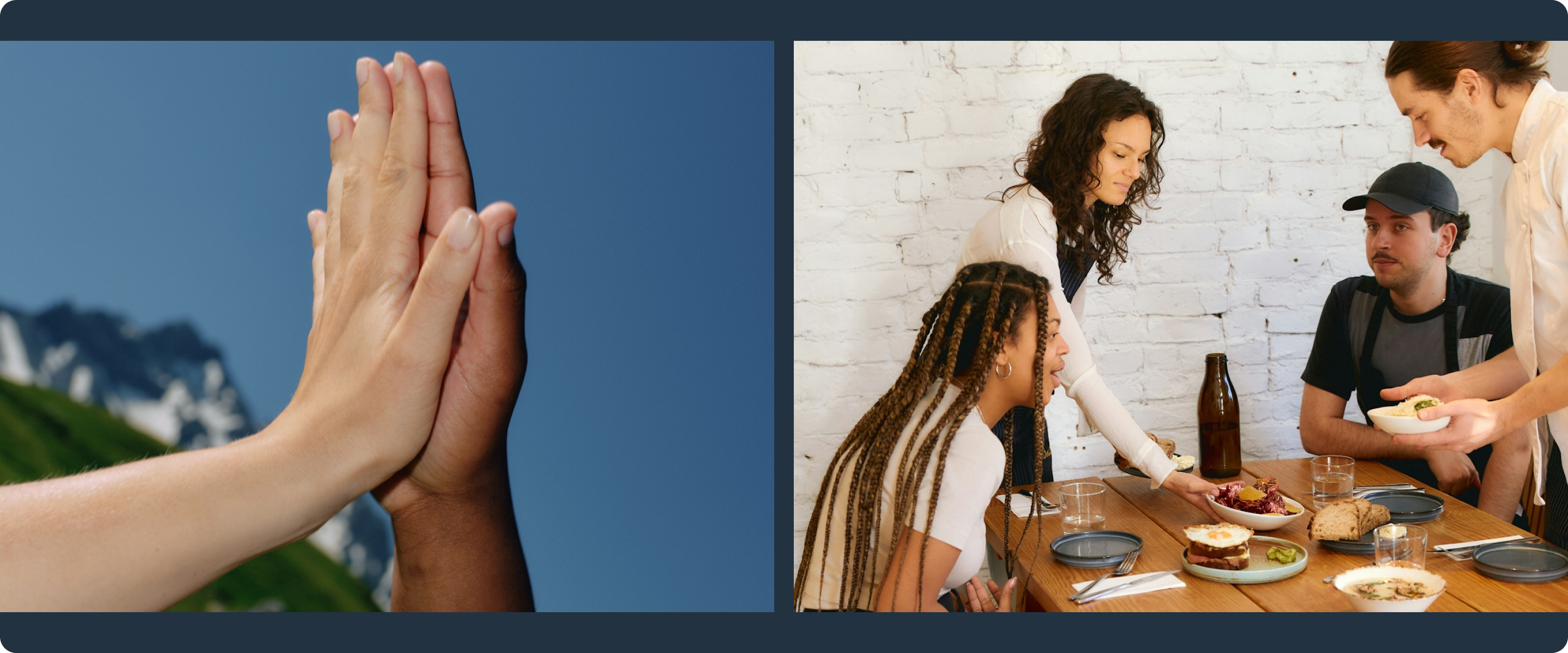 Two paneled image. First image shows two people high-fiving. Second image shows a group of people sitting around a table together.