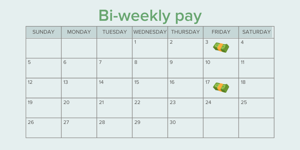 a calendar showing the paydays for a bi-weekly pay schedule